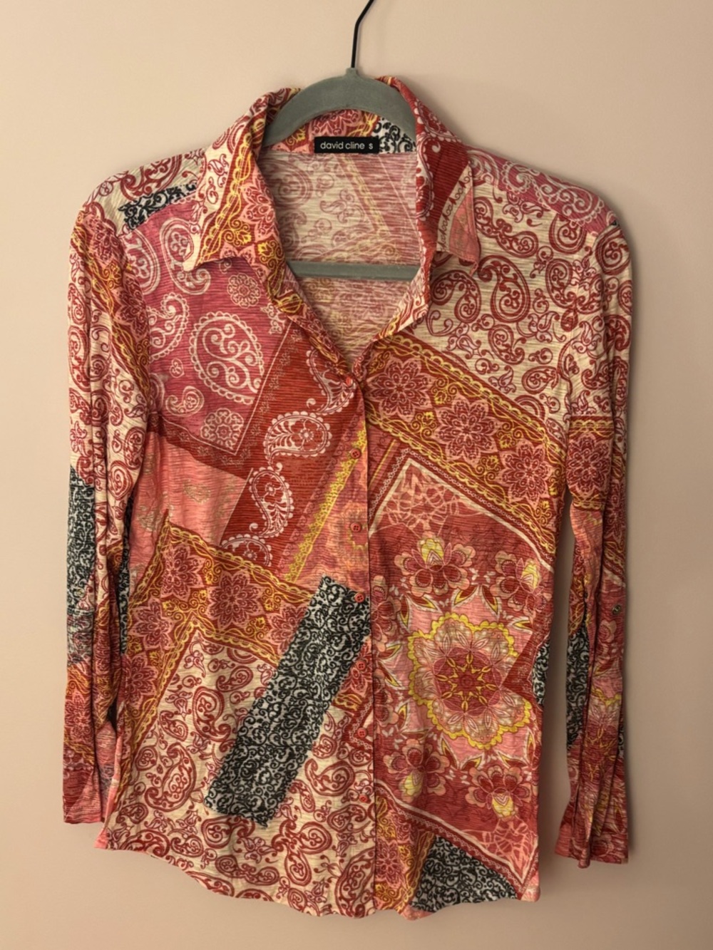 David Cline Pink & Cream Patchwork print Button-Down Shirt, boho, Indie, casual